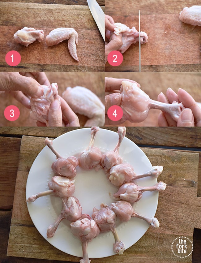 when making these chicken lollipops, I used my kitchen knife or scissors to help with the job, cutting the skin and tough tendons around the base of each, then pushing the meat toward the end to expose the bone