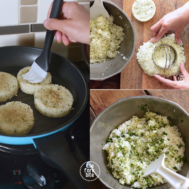 Brush lightly the tops of the rice bun patties with sesame oil and soy sauce and place them into the pan.