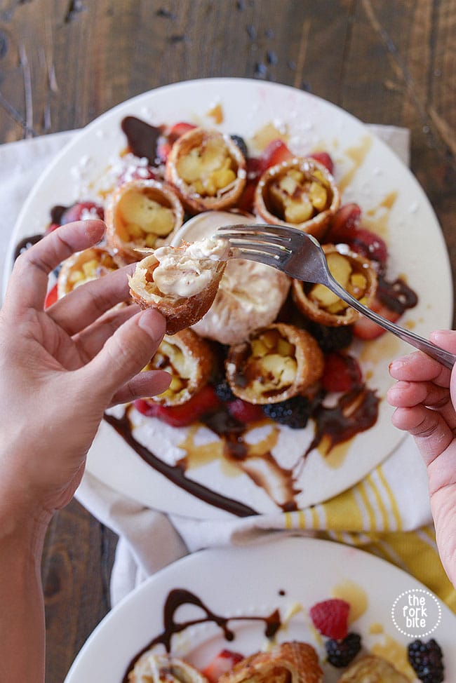 This banana spring rolls PF Changs dessert version is filled with bananas and jackfruits, then fried until it's savory and crunchy.