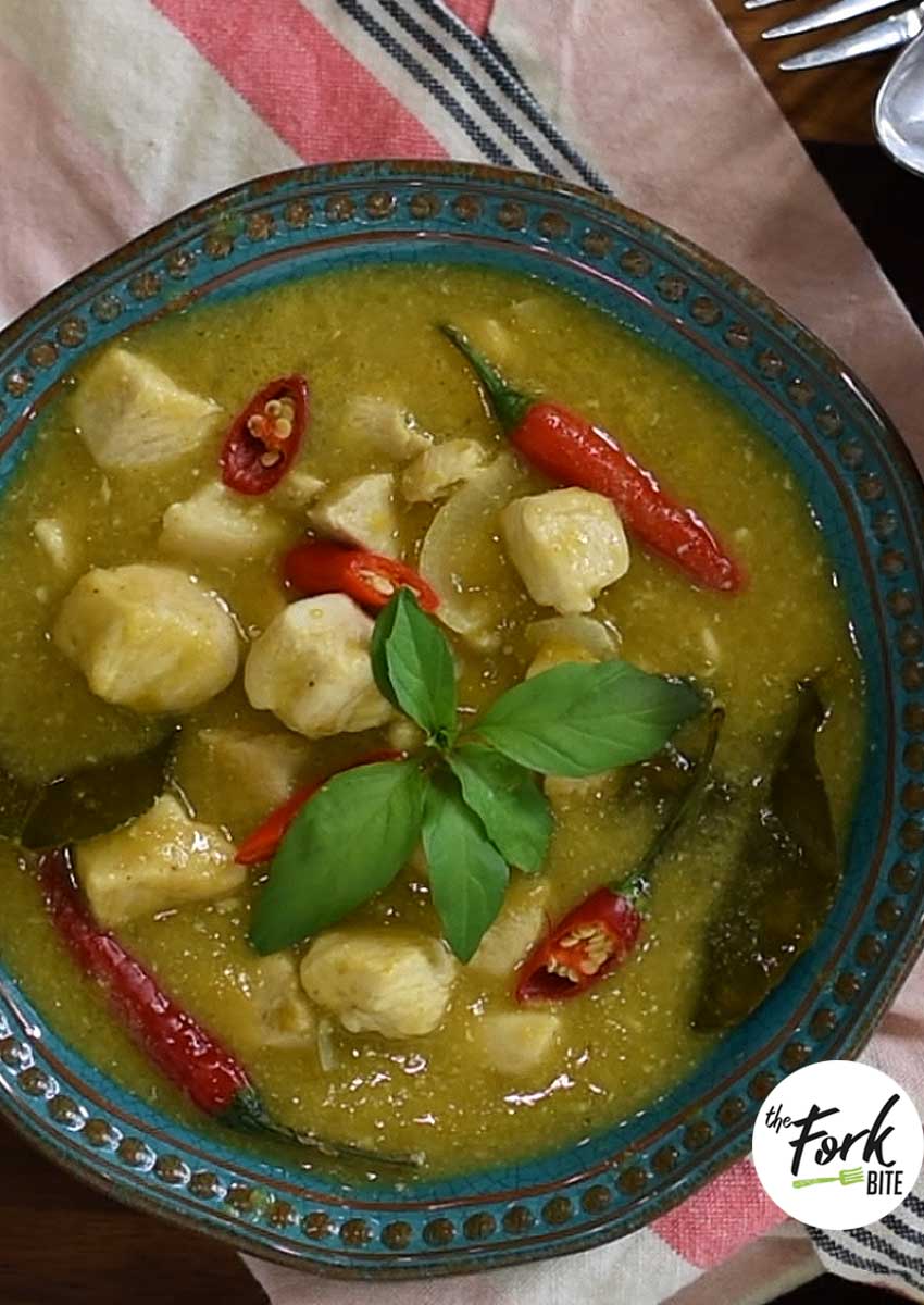This Thai Green Curry recipe uses mango puree to make a thick curry sauce but less calories than simply using the coconut milk (mangoes have ⅕th of the calories of coconut milk).