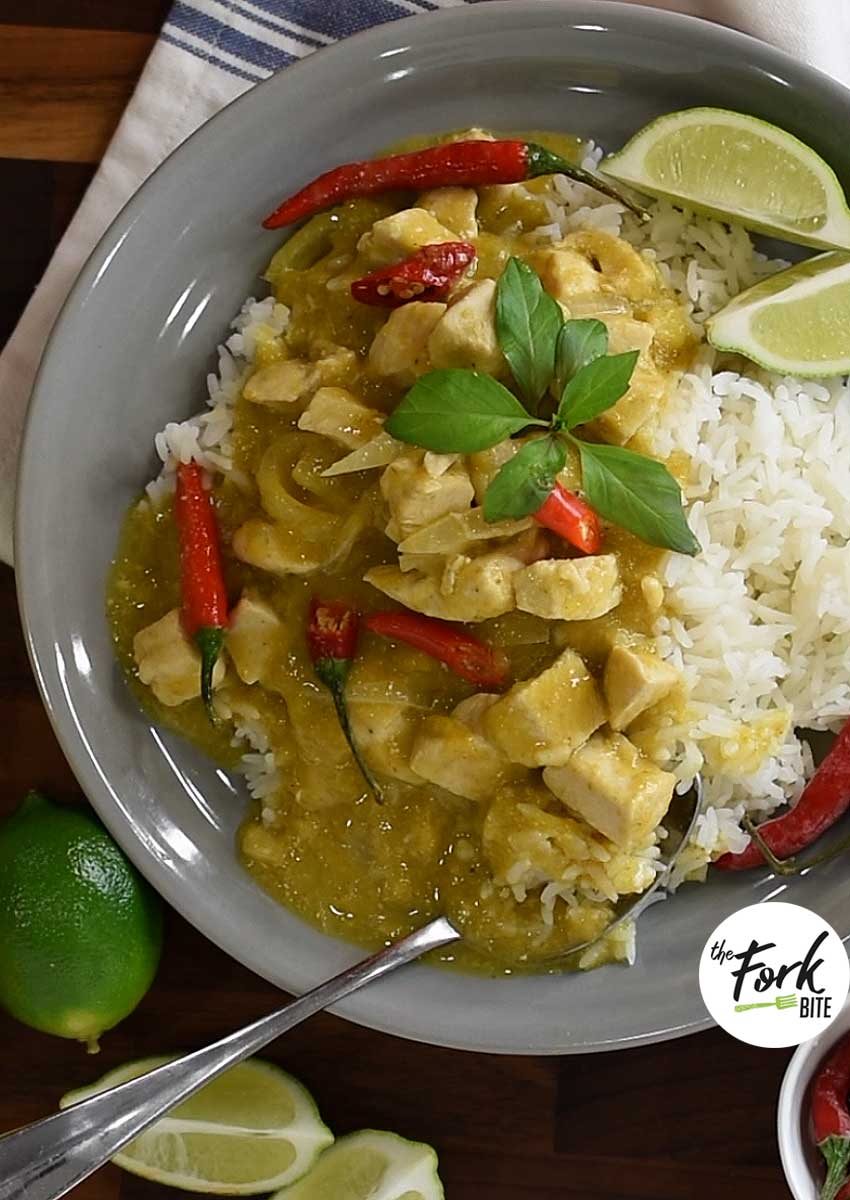 This Thai Green Curry recipe uses mango puree to make a thick curry sauce but less calories than simply using the coconut milk (mangoes have ⅕th of the calories of coconut milk).