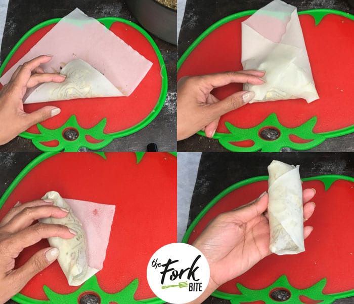 Lay out one egg roll wrapper with a corner pointed towards you. Check the images below on how to wrap the egg rolls.
