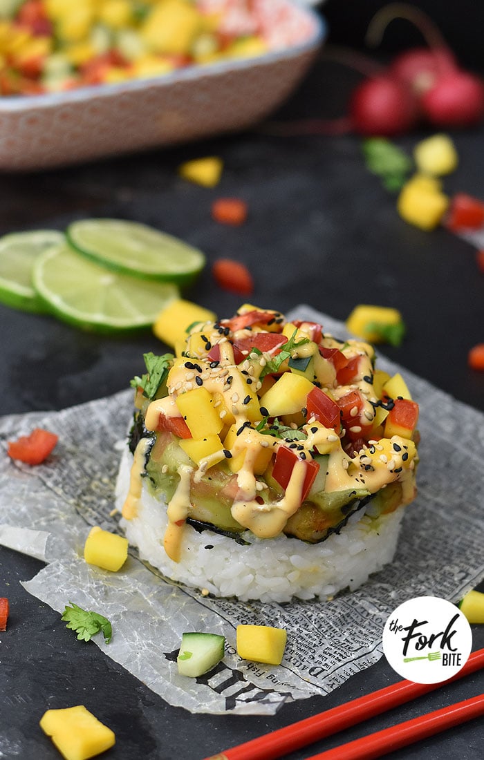 This Shrimp Stacked Sushi is super easy to make than sushi rolls and adequately portioned. It is a great lunch option or a fun dinner idea.
