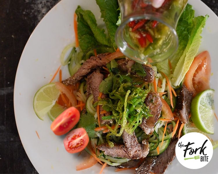 You will love this tangy dressing made for this Thai Beef Salad. It's amazingly delicious, full of strong flavors and topped with toasted rice powder for a bit of crunch