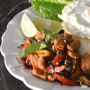 This Thai Basil Chicken is super easy to make, and the taste is truly just like what you get at Thai restaurants, something you’ll get from the streets of Thailand with the fried egg of course.