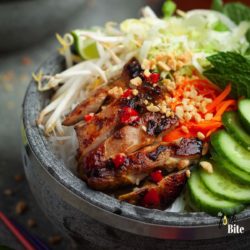 Vermicelli noodles (Bun Ga Nuong) topped with your favorite veggies and Vietnamese lemongrass chicken. Laced with Nuoc Cham, the famous dipping sauce that’s served with everything in Vietnam.