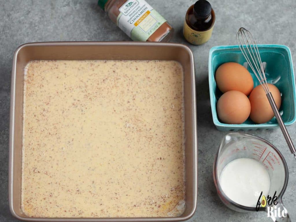 Gather the ingredients for the custard mixture. In a separate bowl (like a pie plate or a shallow dish), mix the eggs, heavy cream.