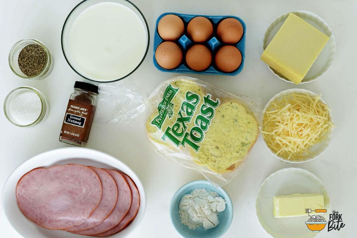 Ingredients for Croque Madame recipe - Croque Madame - a classic French sandwich topped with béchamel sauce, Gruyere cheese and fried egg, that is scrumptious for a brunch but can also be just as good for a light, quick-to-make supper.