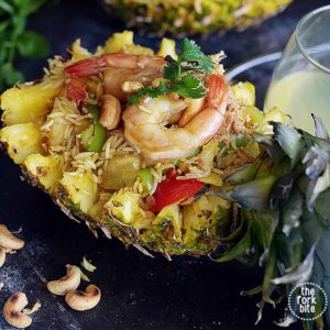 This Thai pineapple fried rice is one of my fave recipes. Super easy to make, with chunks of pineapple for a hint of tropical flavor and shrimps for extra protein.
