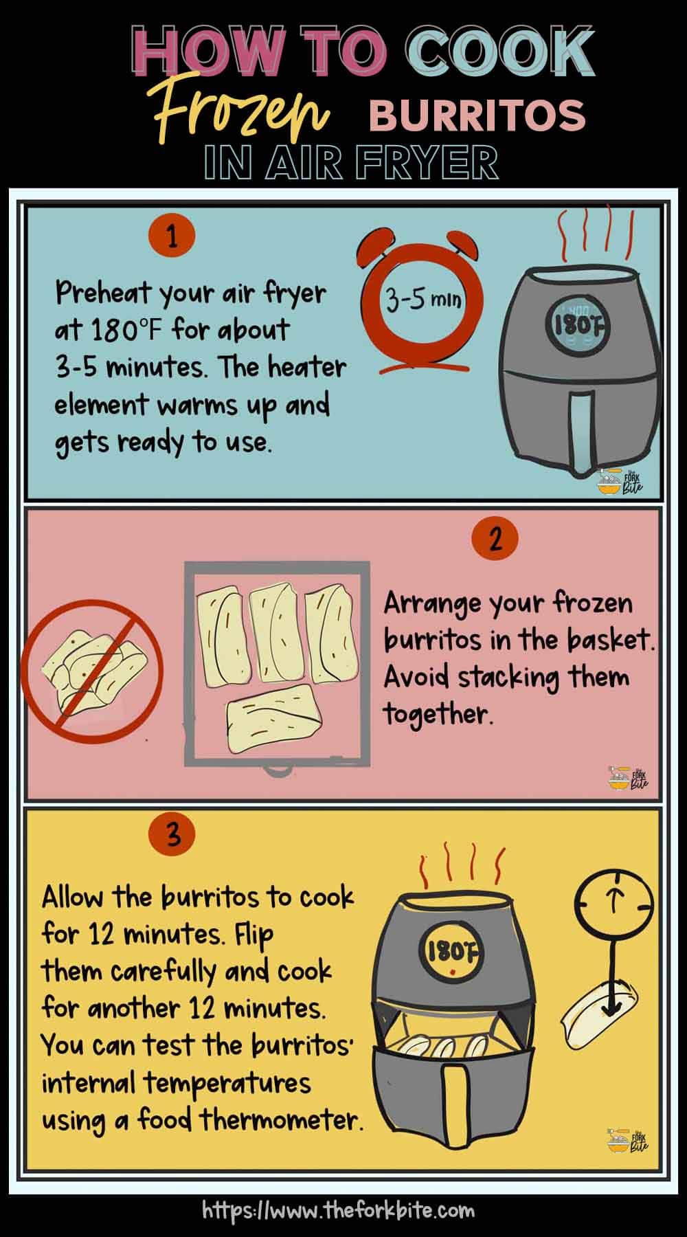 Here's the infographic that shows how to cook frozen burrito in air fryer. The perfect, cooked from frozen burrito should be a little soft on the outside while still looking nicely browned. the filling should be moist, lovely, and warm.