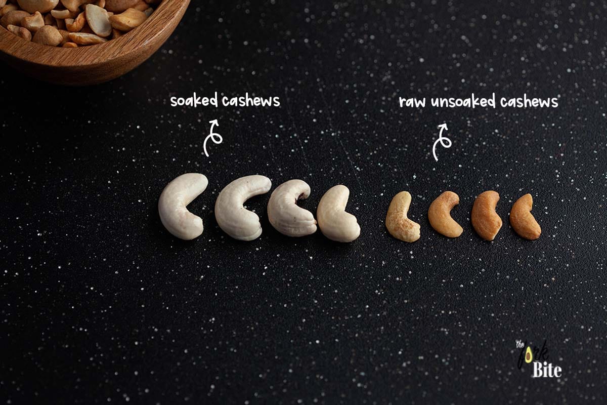 Grab the desired amount of raw cashews and place them in a container, pour the boiling water, and let it sit for about half an hour. After that, you can drain and rinse them thoroughly.