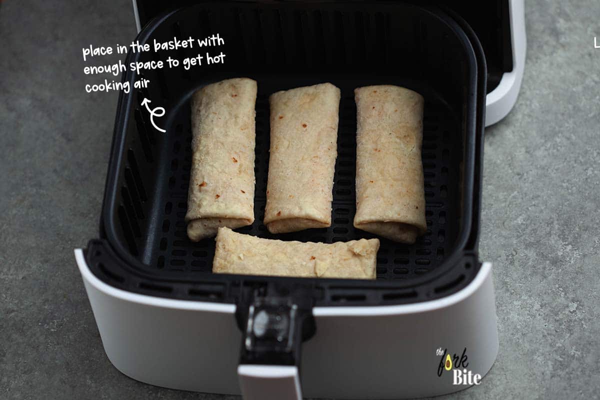 Put your frozen burritos into the fryer’s basket. It’s best not to put too many in at a time to avoid stacking them one on top of one another.