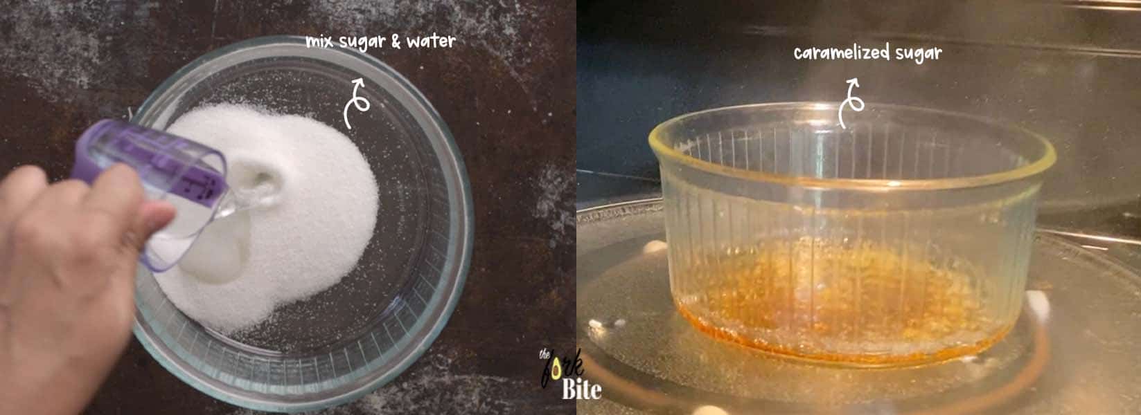 Mix sugar and water in a heat-proof bowl, and nuke in the microwave for 3 minutes (depends on the power of your microwave) or until the sugar turned in golden color.