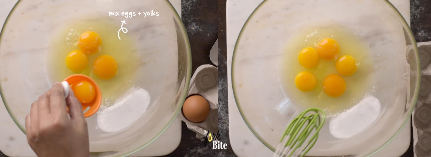 Combine 3 whole eggs and 2 egg yolks in a separate bowl. Gently whisk together until well incorporated trying not to get the eggs to become foamy.