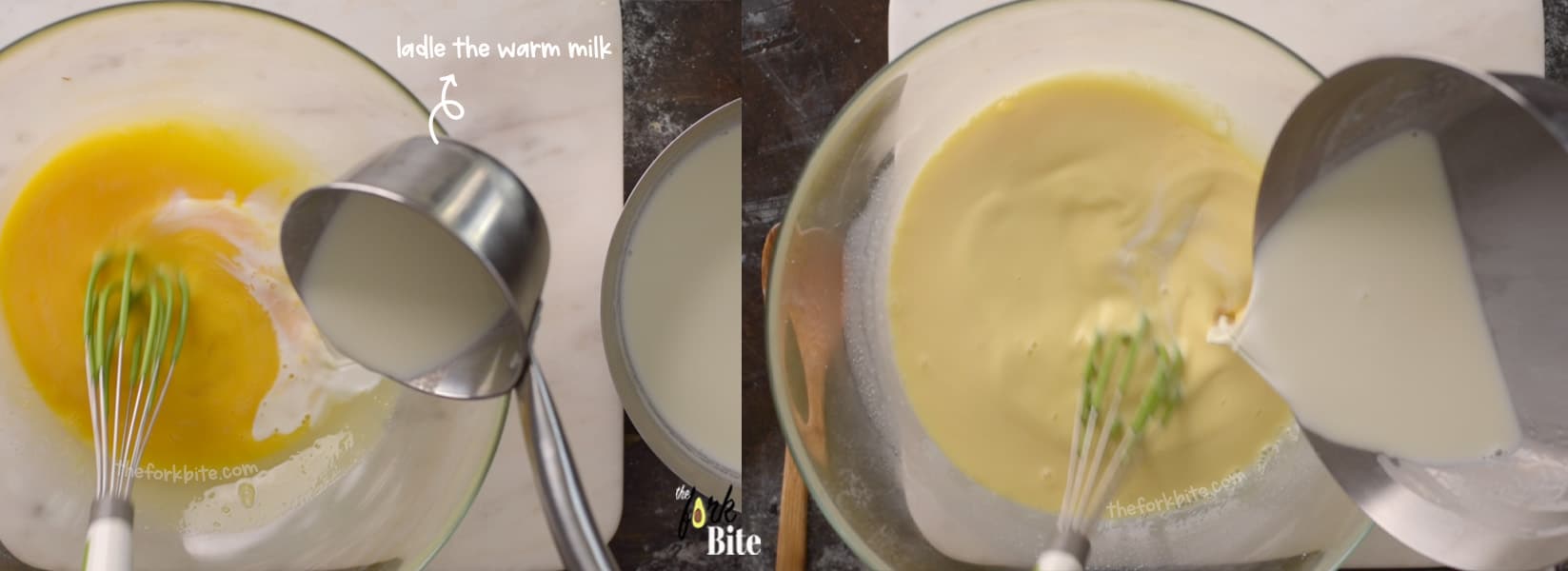 Ladle the warm milk into the egg mixture gradually while keep whisking it constantly. Tempering the eggs help to reduce the eggy smell in the pudding but it shouldn't be too hot or the milk can cook the eggs and make them curdled.