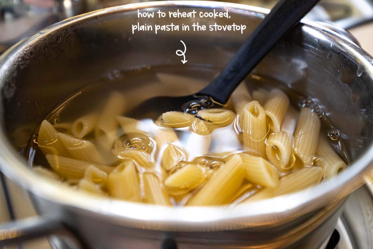 Pasta, whether plain or mixed with sauce, can be microwaved, heated in a conventional oven, or on top of a stove. But the best method to use will depend on how much pasta, and, or what the pasta dish is, you intend to reheat.