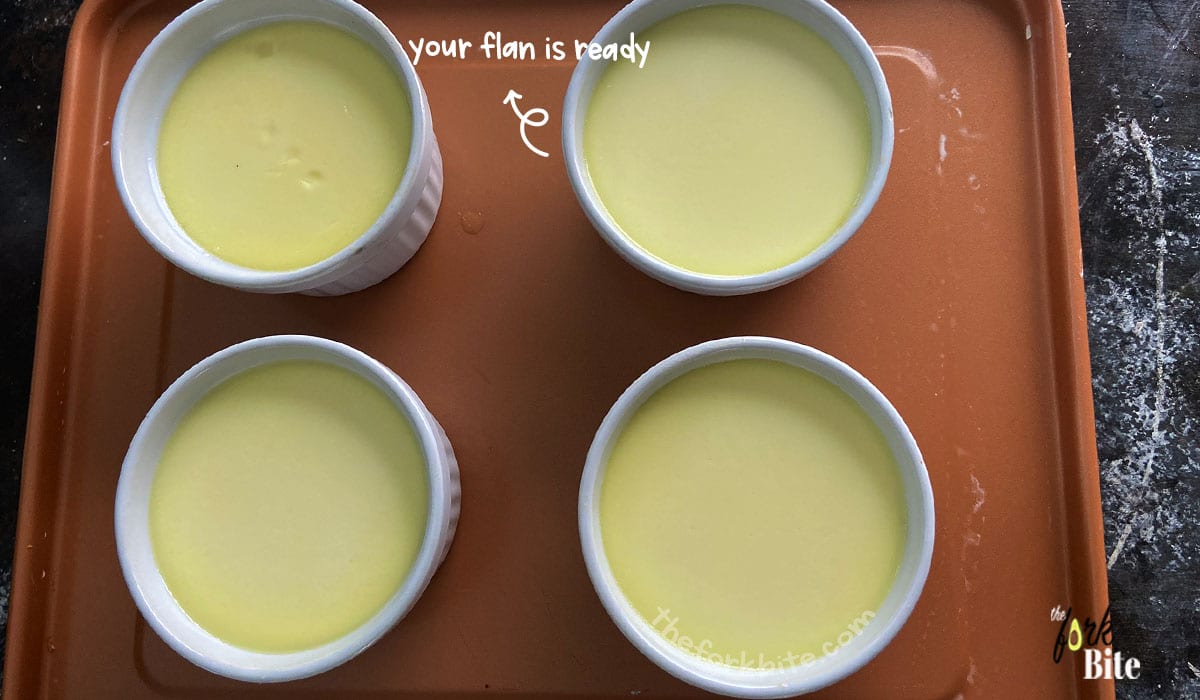 The temptation to cook them a little longer is great, thinking the center is still somewhat jiggly. Please, don't. The flan will continue to cook once outside the oven and even in the cooling process.