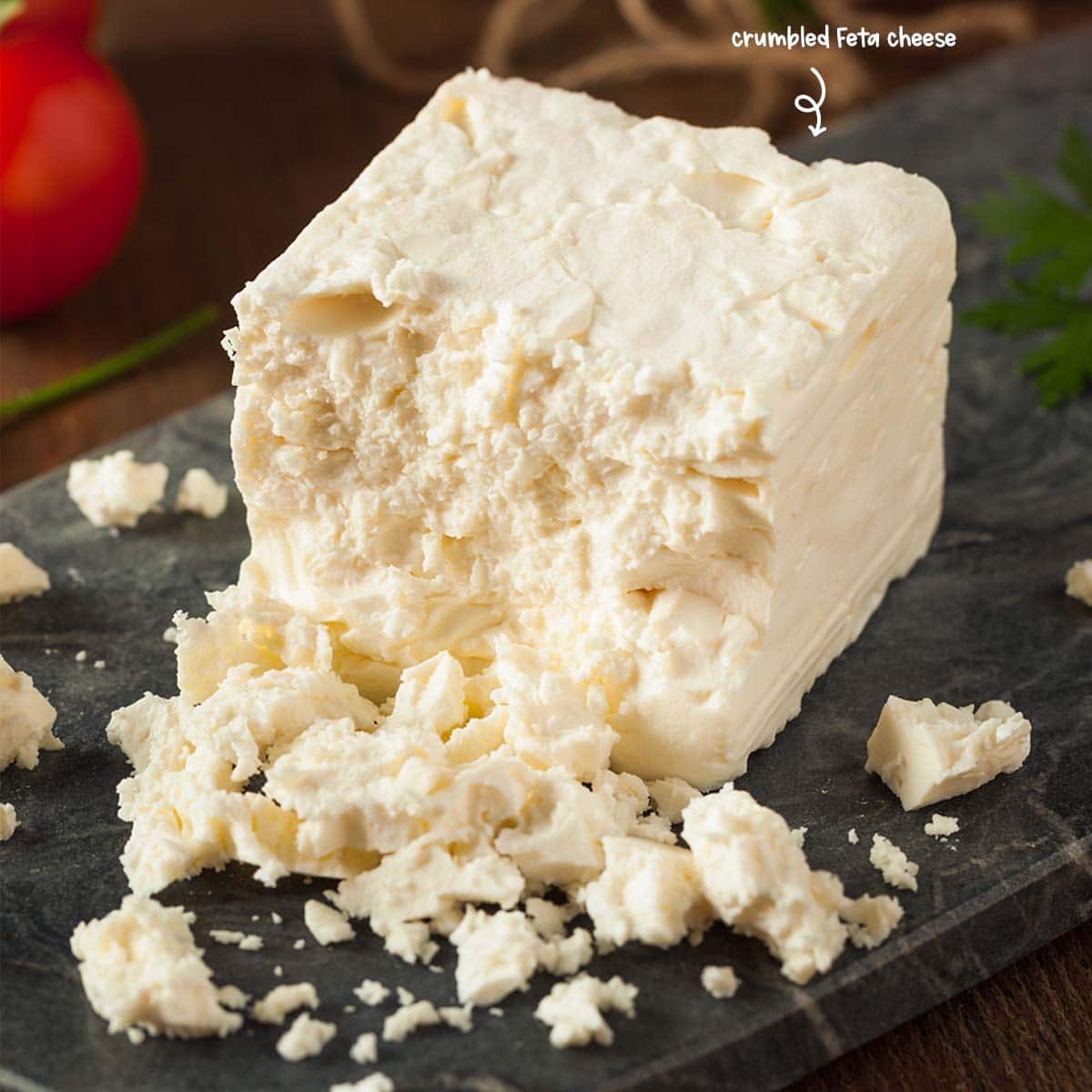 When you buy feta cheese in block form, it is packaged in brine, milk, olive oil, or water. These liquids are there to maintain the cheese's softness and its creaminess.