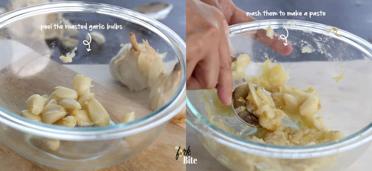 Once the garlic bulbs are roasted, cut the tip for easy peeling. Squirt and squeeze into a container and start smashing them like mashed potatoes, turning them into a smooth paste.