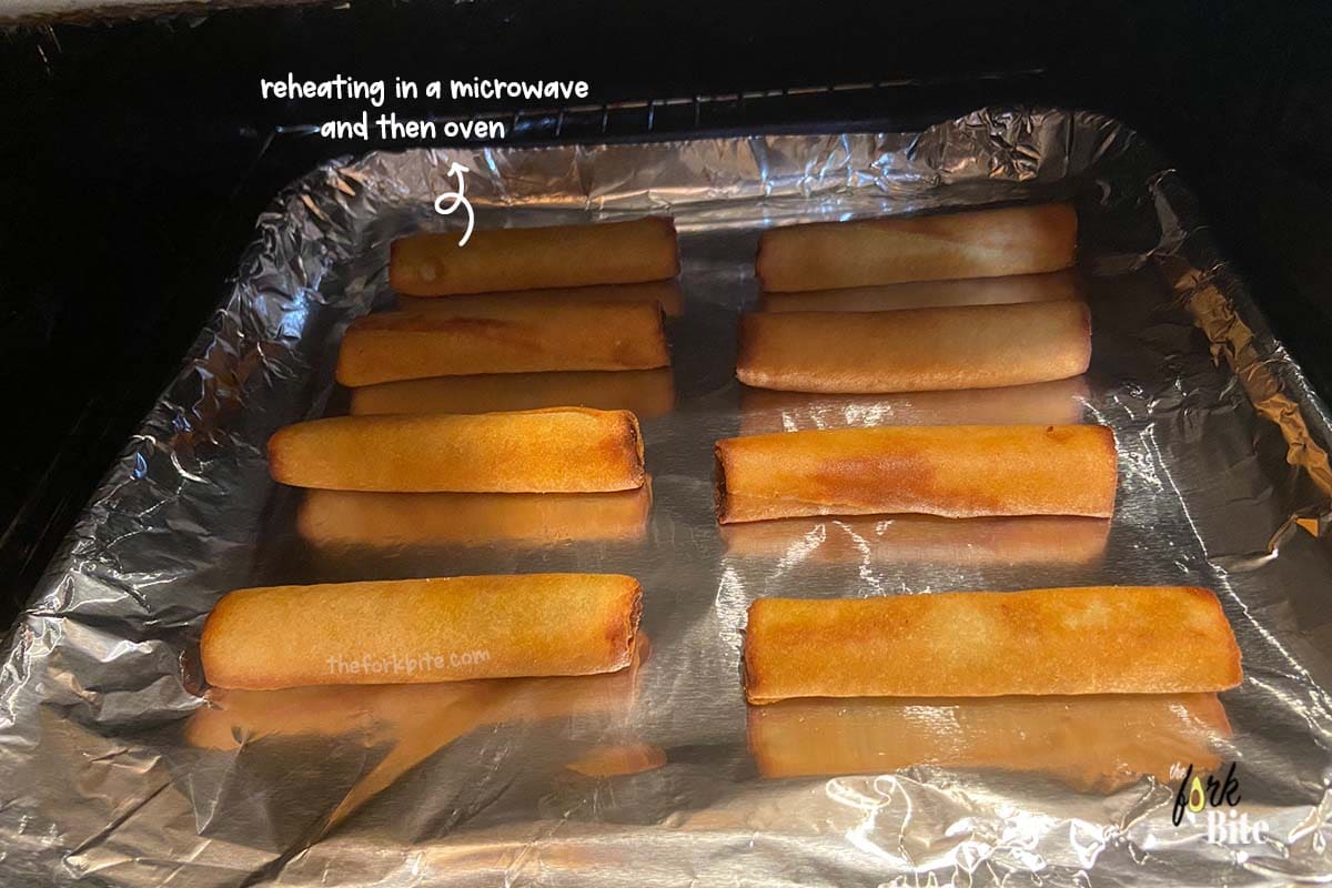 This method is maybe one of my favorites when it comes to reheating egg rolls. It allows the cold egg rolls to crispy on the outside and just become hot and juicy inside.