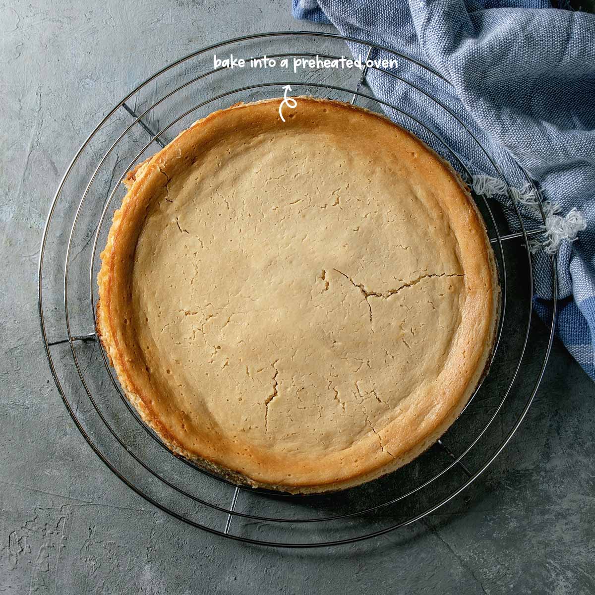 Bake cheesecake in the preheated oven for 1 hour and 5 minutes; then turn the oven off, partially open the door, and allow the cheesecake to rest for 15 minutes or more.