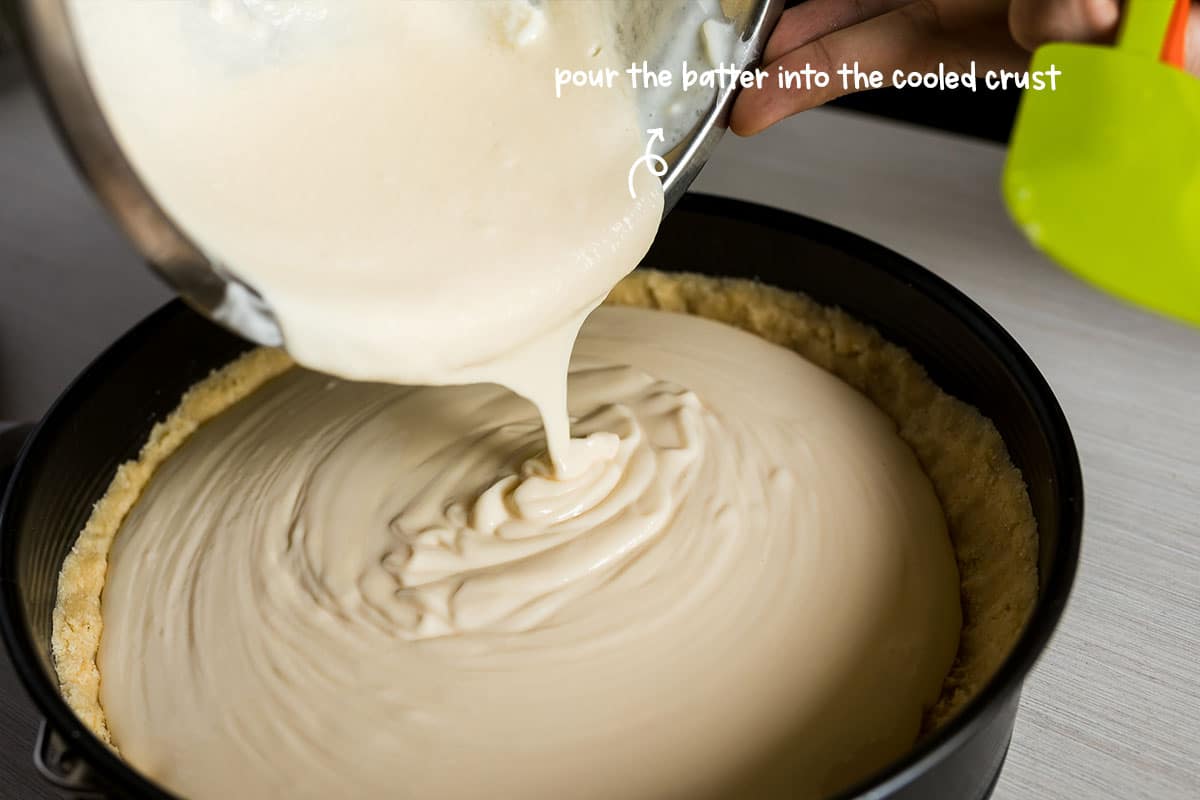 Add eggs one at a time, beating well after each addition. Stir in sour cream, espresso, and vanilla. Pour batter into the baked and cooled crust.