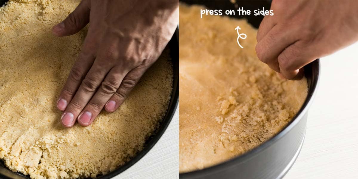 Press graham crackers crumbs into the bottom of the prepared springform pan and 1 inch up the sides.
