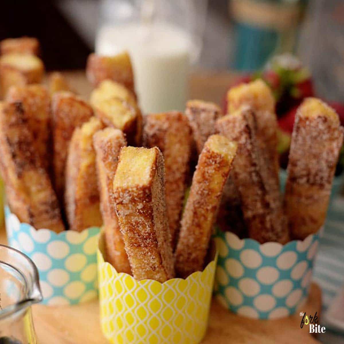 Use stale bread for your cinnamon French toast sticks to hold their shape. Breakfast you can eat with your fingers and dip in syrup.