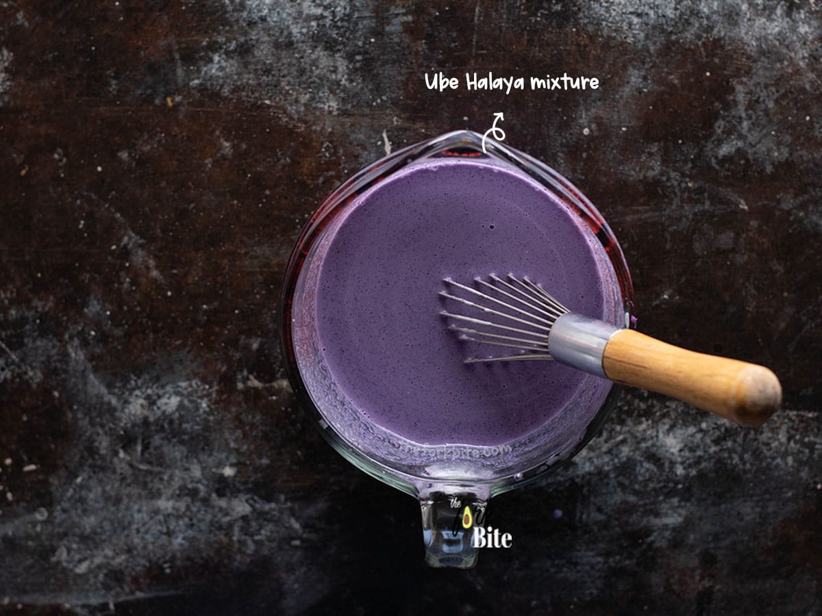 Combine ube halaya or ube puree (if using) and ube extract by adding them to a bowl and whisking in your water very slowly. Make sure it is mixed as evenly as possible.