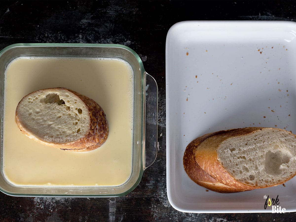 Dip – Once the custard is mixed well, place the bread in the mixture, and quickly flip it. You do not want it to saturate all the way through. If the bread becomes too wet, it may disintegrate.