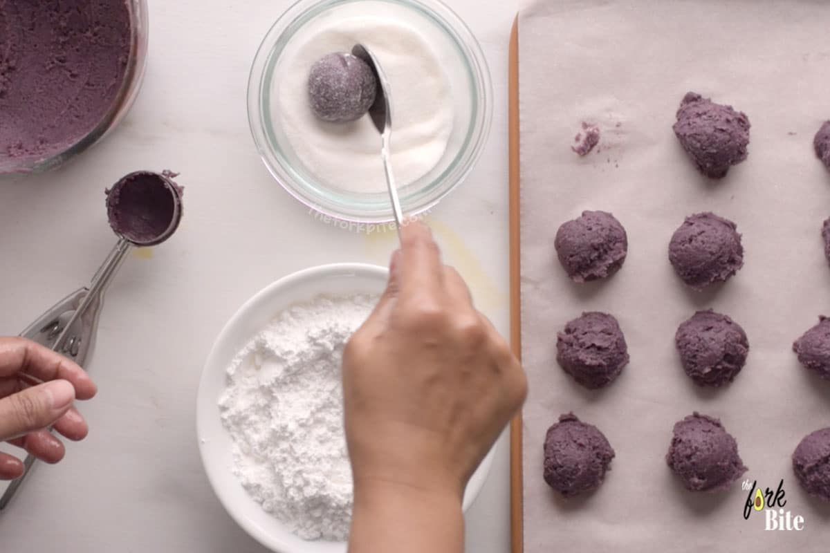 Set each ball on the baking sheet, providing a space of – at least -an inch between each.