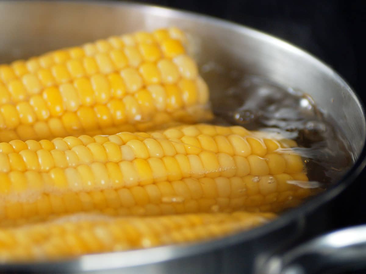 Bring the pan back to the boil and allow to cook for around three minutes bearing in mind that the corn is already cooked and you are only reheating it.