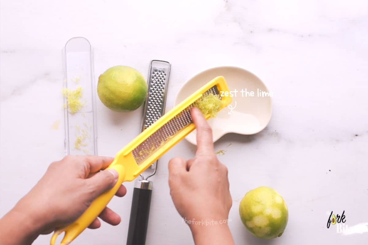 Take your Microplane and peel off some lime zest, and set to one side. Using a paring knife, cut the lime into wedges, set aside.