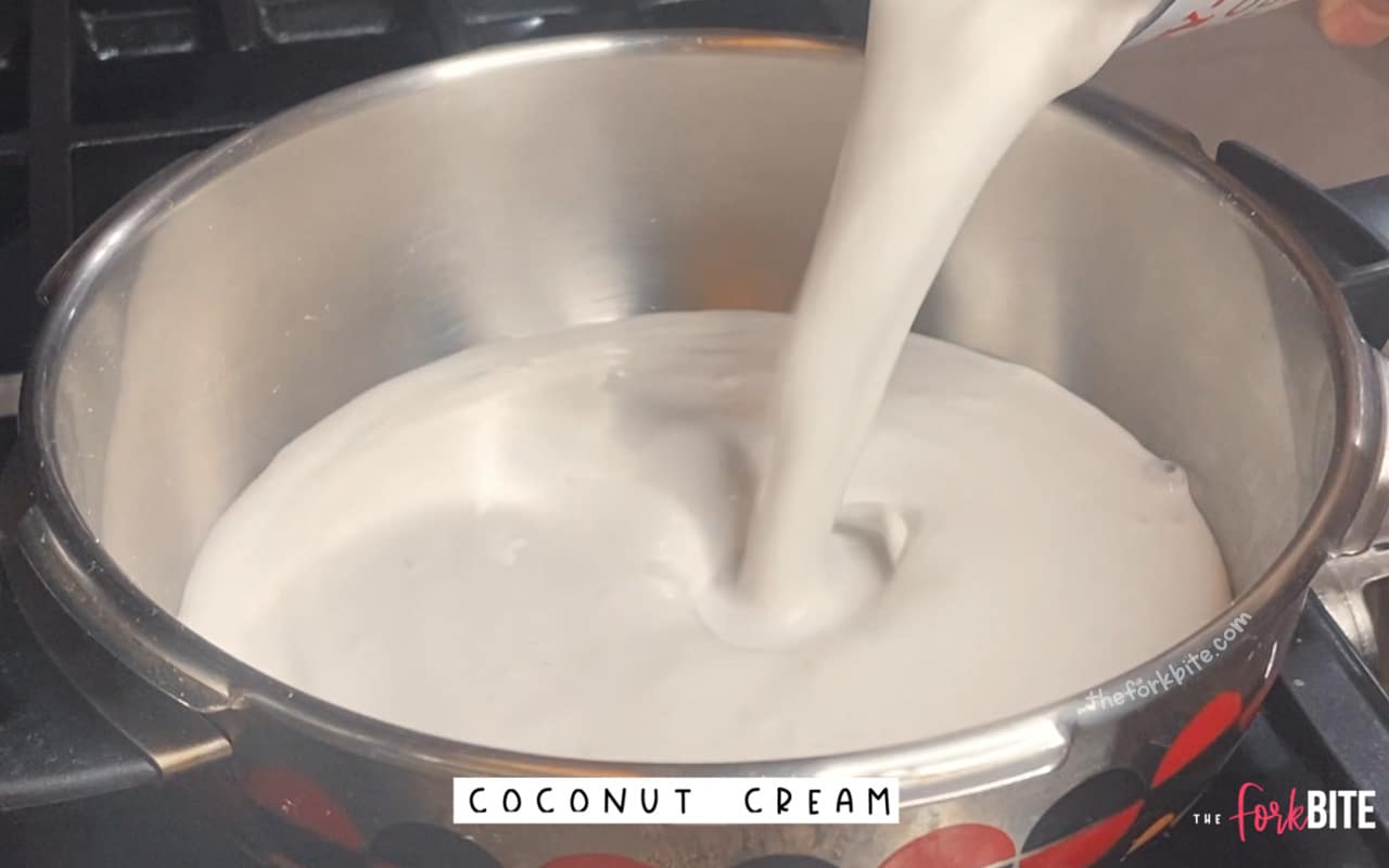 Add that coconut cream (or milk) and stir the mixture up. Cook in medium heat until it starts to bubble.