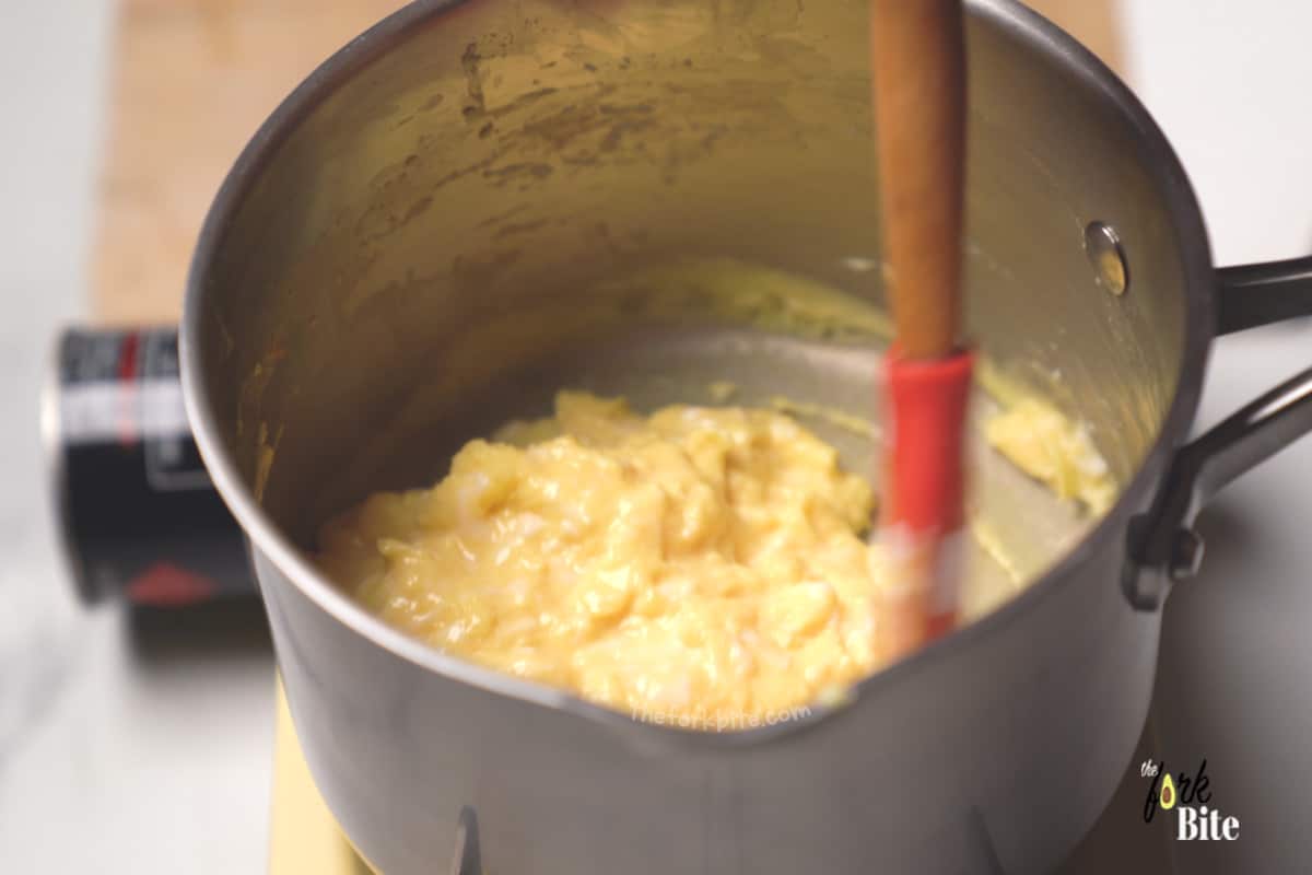 Continue to cook on-off for around four minutes or until the eggs become lovely and creamy.