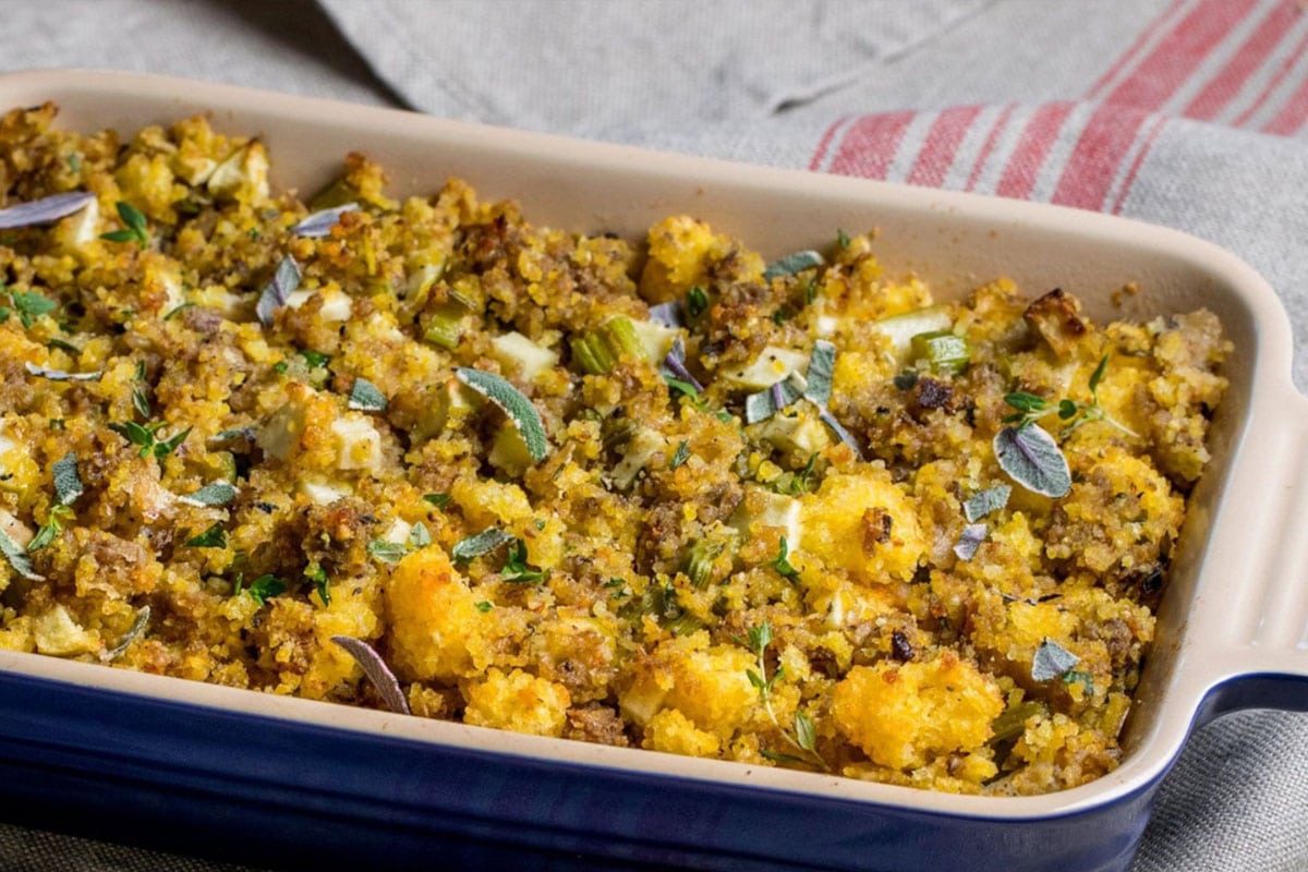 Folks down in the South like to pep up their leftover cornbread by mixing it with onions, sausage, and spices, to make a delicious stuffing that goes well with any holiday feast.