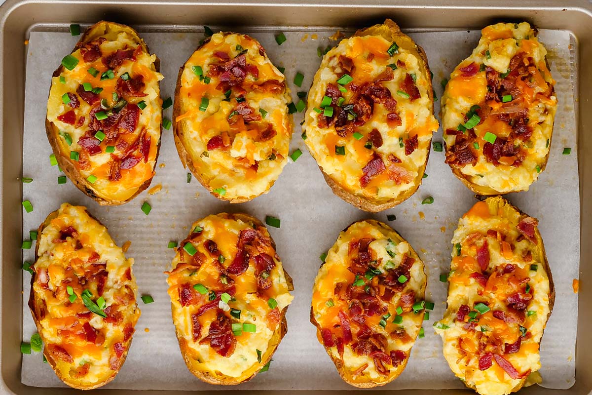 These baked stuffed potatoes go with almost anything, but the cheese and the potato make them an outstanding addition to clam chowder.