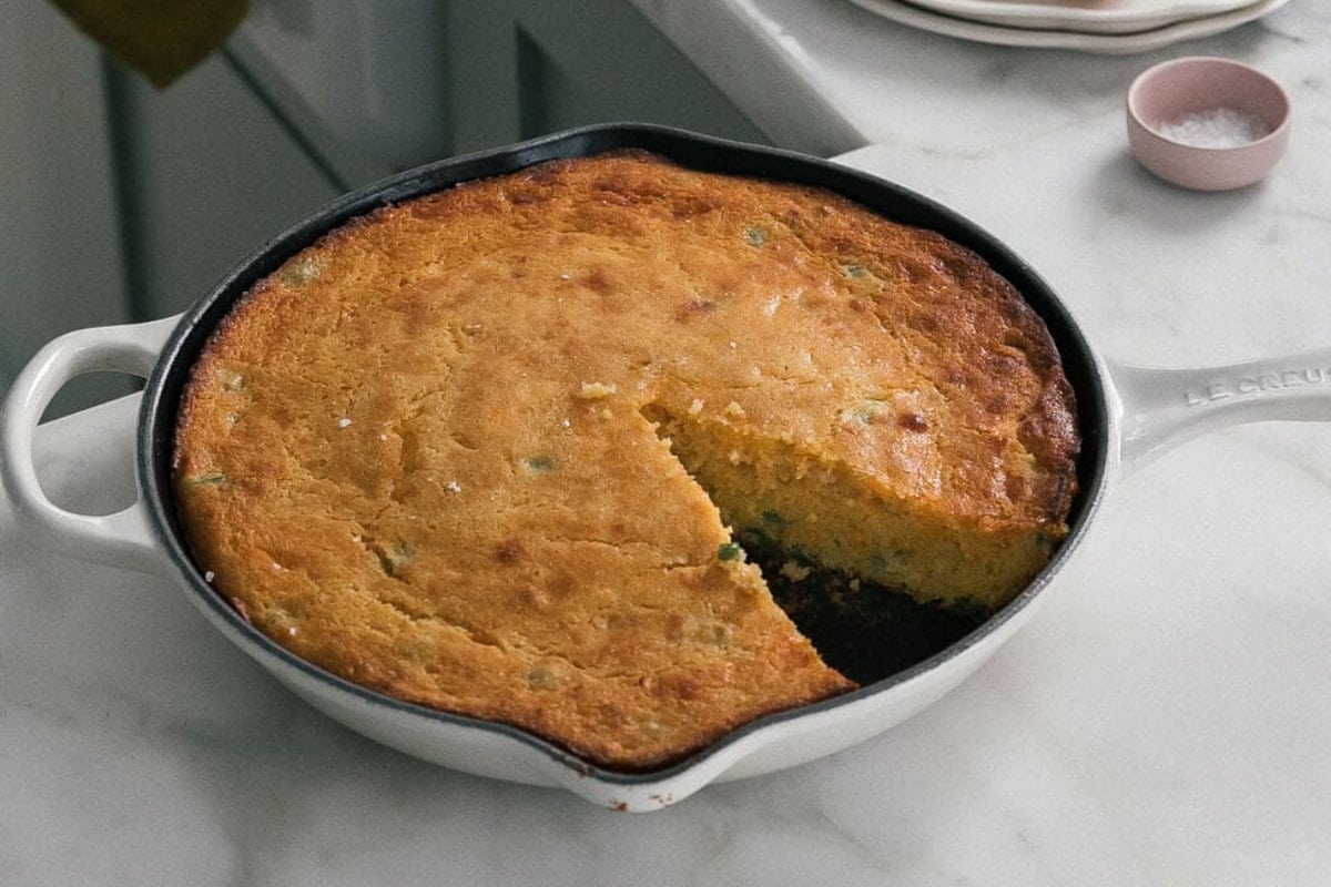 If you like your cornbread with a hit of spice and cheese, adding a couple of tablespoons of chopped jalapeños chilis and some shredded mature cheddar cheese into your cornbread batter before baking will float your boat.