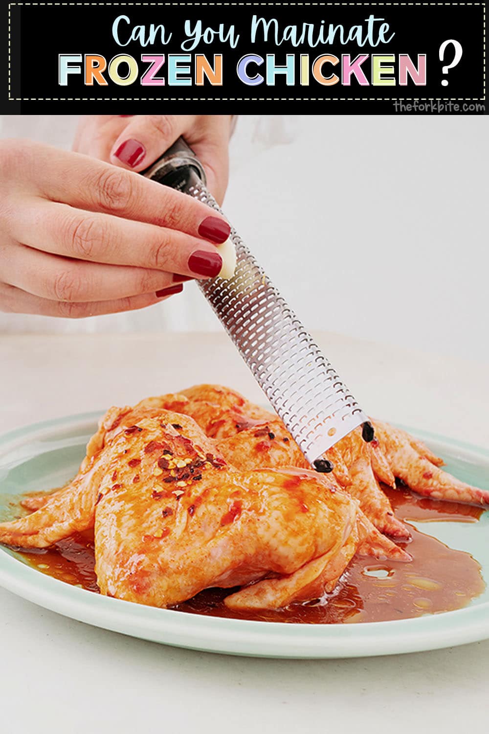 You should defrost frozen chicken overnight in your fridge. The marinade will get washed off as the ice crystals melt, but it will still impart some flavor.