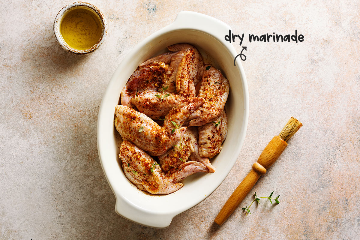 Dry marinades are often created with barbecue type spices such as dried herbs, dried spices and various rubs such as Cajun, Jamaican, and Tex-Mex.