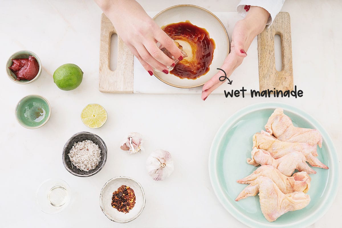 Wet marinating is when you take a piece of meat and coat it all over with a liquid marinade.