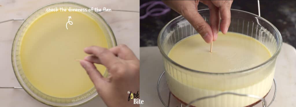 To check the doneness, tap the edge of the ramekin, and when custard feels firm yet the center looks a little jiggly; these are the signs that you’re done.