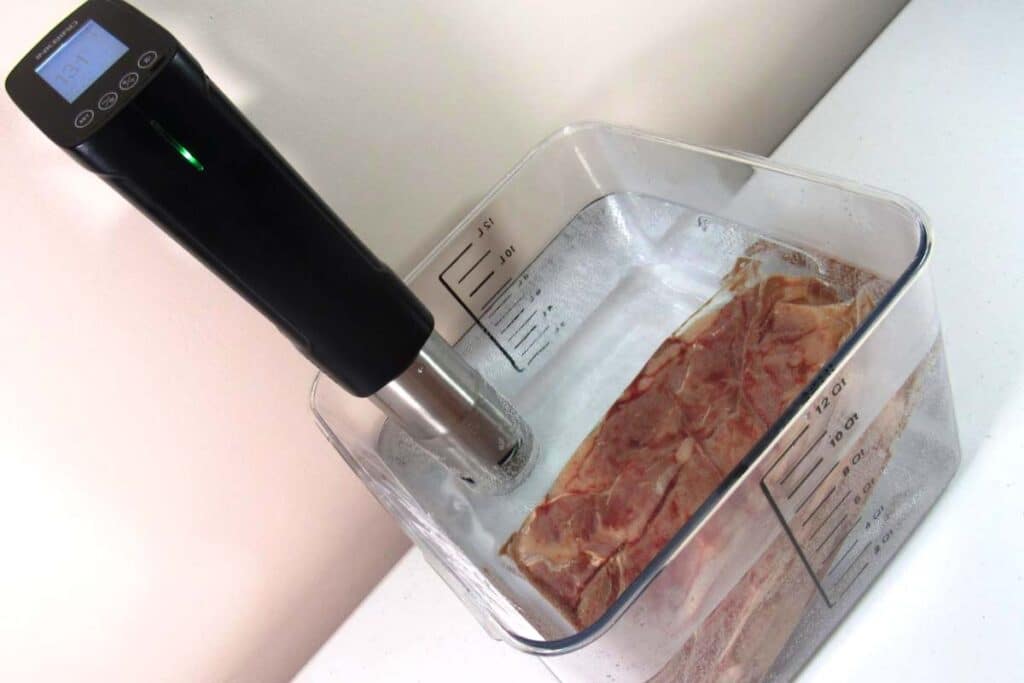 For the purpose of defrosting a chicken breast, you can put the chicken into a Ziploc bag, set the thermostat on the sous vide immersion circulator to 38°F, immerse the bagged chicken and leave it to thaw.