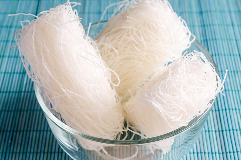 With this option of cooking rice noodles, boil a pan of hot water, remove it from the heat and pour it straight over the noodles.