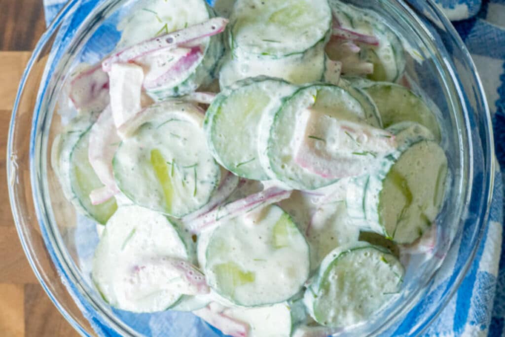 This creamy salad will remind you of summer and spring, but you can have it any time, any day. If you have a vegetable garden, you can just get your cucumbers there.