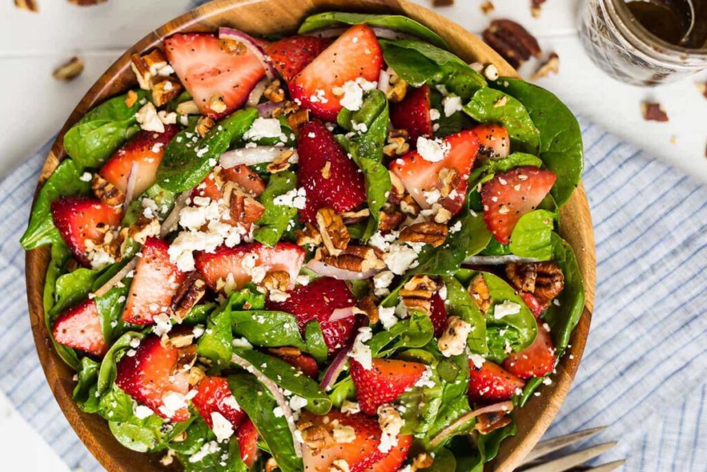 This is a healthy spinach salad you can serve with your hearty beef stew. Adding strawberries will add sweetness and tanginess to the dish.