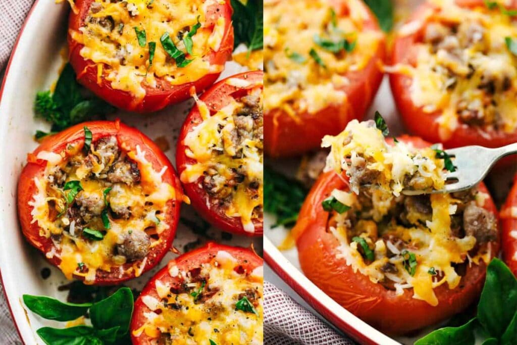 You need to use the vine-ripened or sun-ripened tomatoes you just bought from the store. One way to do this is to stuff them with sausage and top them with melty cheese.