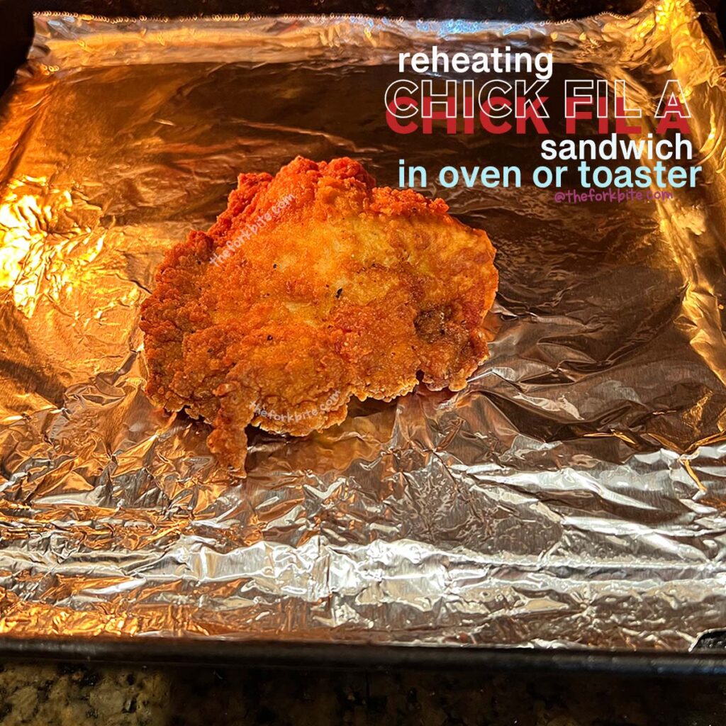 Depending on how crispy your chicken fillet is, reheat it in the oven for 5 to 7 minutes, flipping it over halfway through the cooking time.