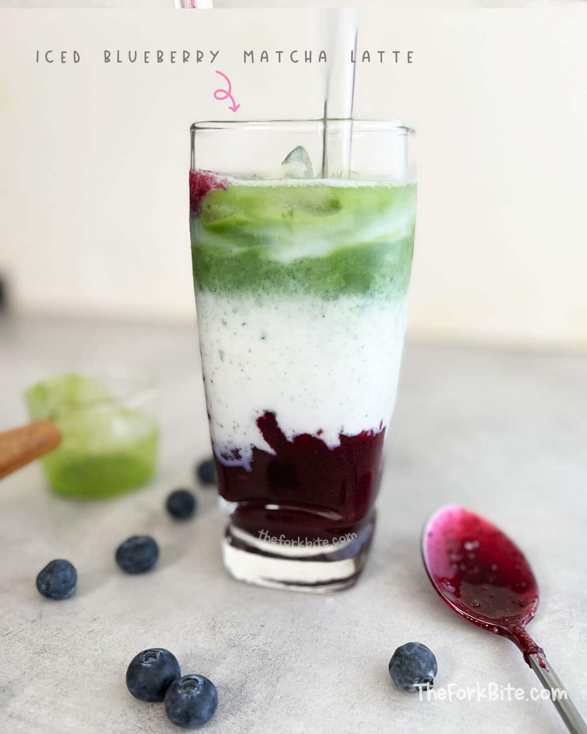 This Iced Blueberry Matcha Latte is a sweet and creamy drink that you can make in under 1 minute for less than one dollar! It's perfect for an afternoon pick me up or beat the summer heat.