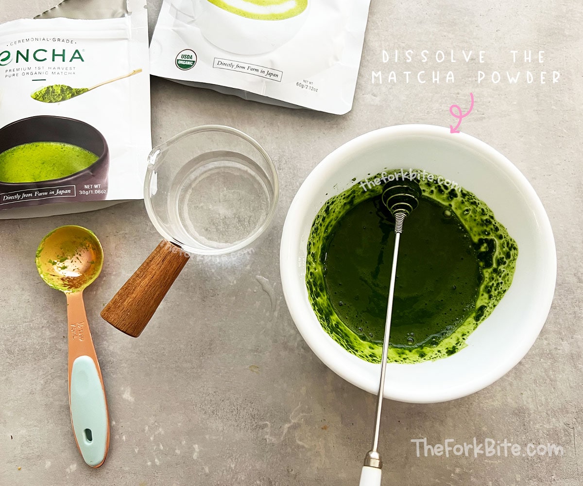 Stir hot water into matcha powder in a small bowl. Whisk well (using a matcha whisk or regular whisk) to fully dissolve the powder.